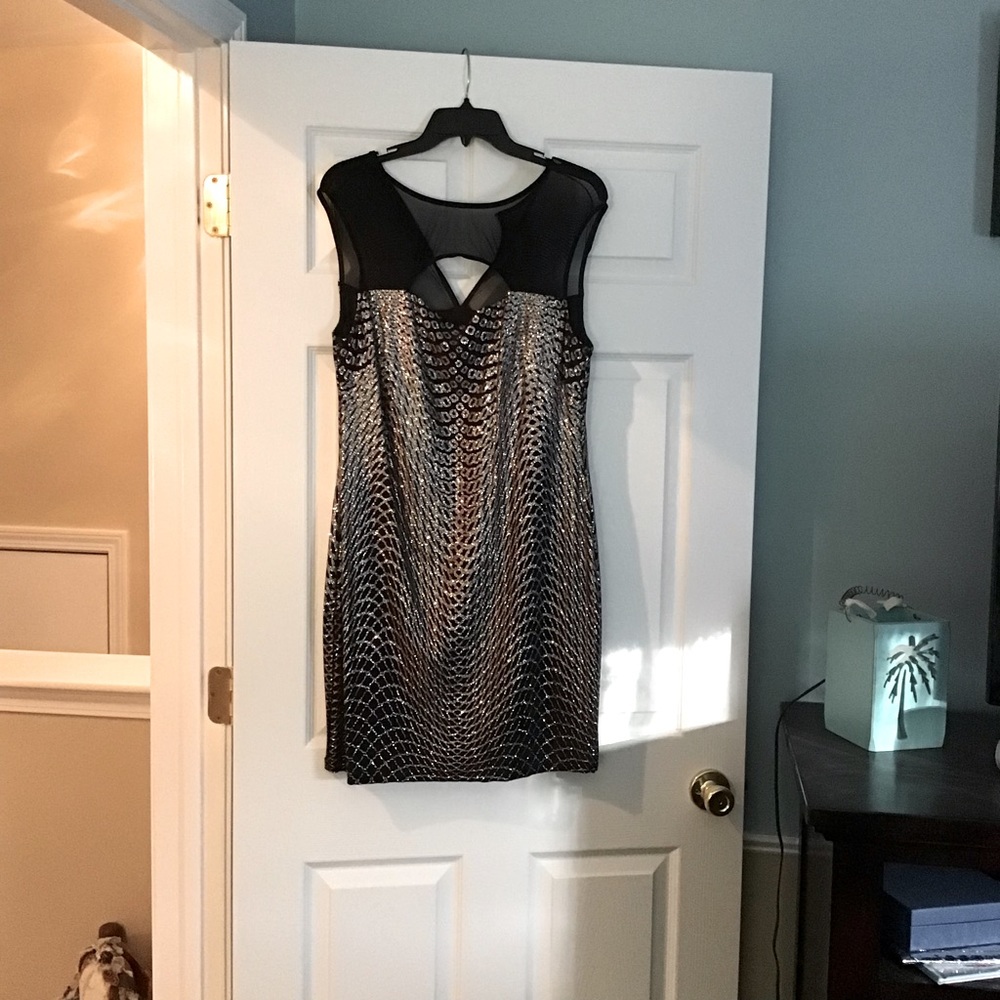 Black & Silver dress.  Mesh on chest and shoulders.  Keyhole opening in back.